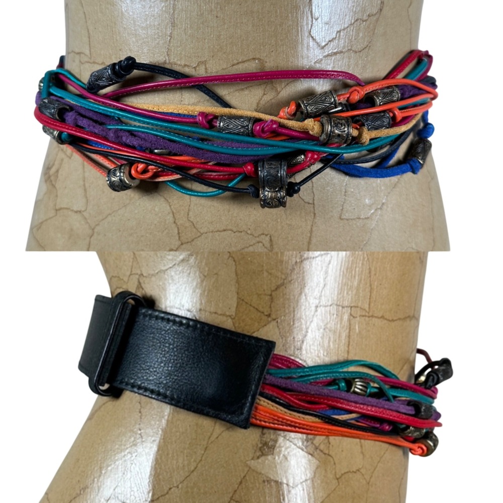 80s vintage statement Multi Leather Cord Bead Belt Black Multi Rainbow Boho